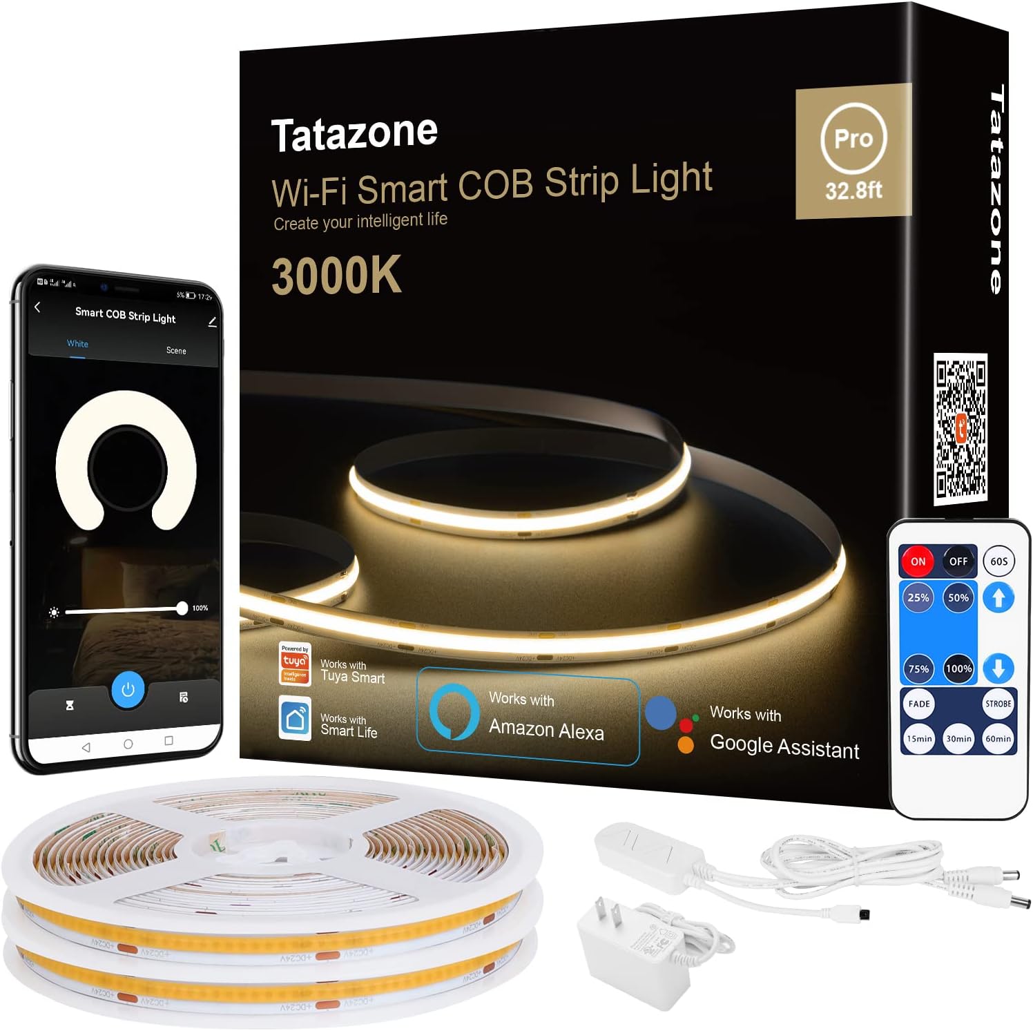 Smart White COB Led Strip Light with Remote for Dimming Needs
