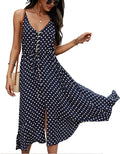 Women's Boho Polka Dot Spaghetti Strap Midi Sundress - Flowy Fit