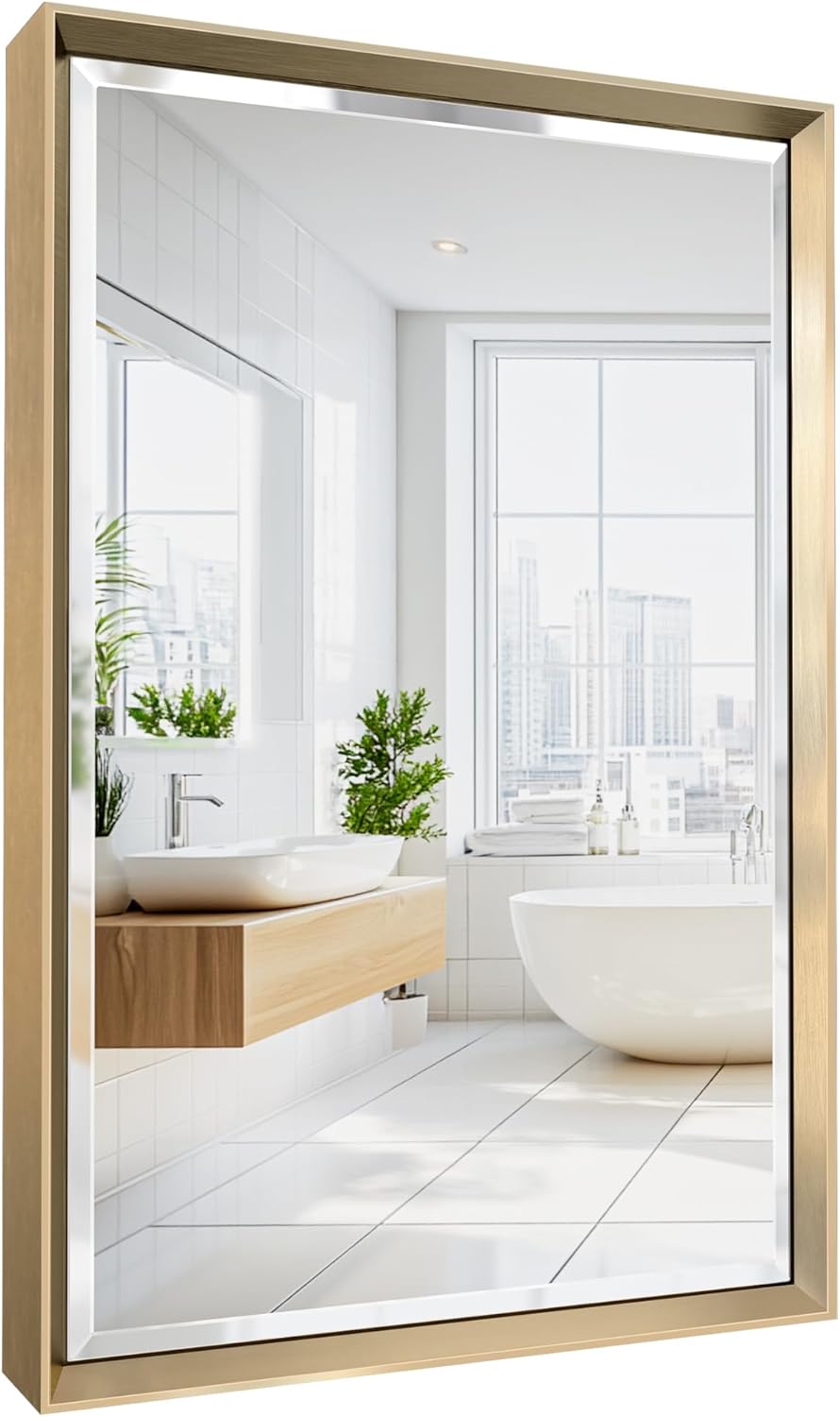 Brushed Gold Bathroom Mirror with Beveled Design for Elegance