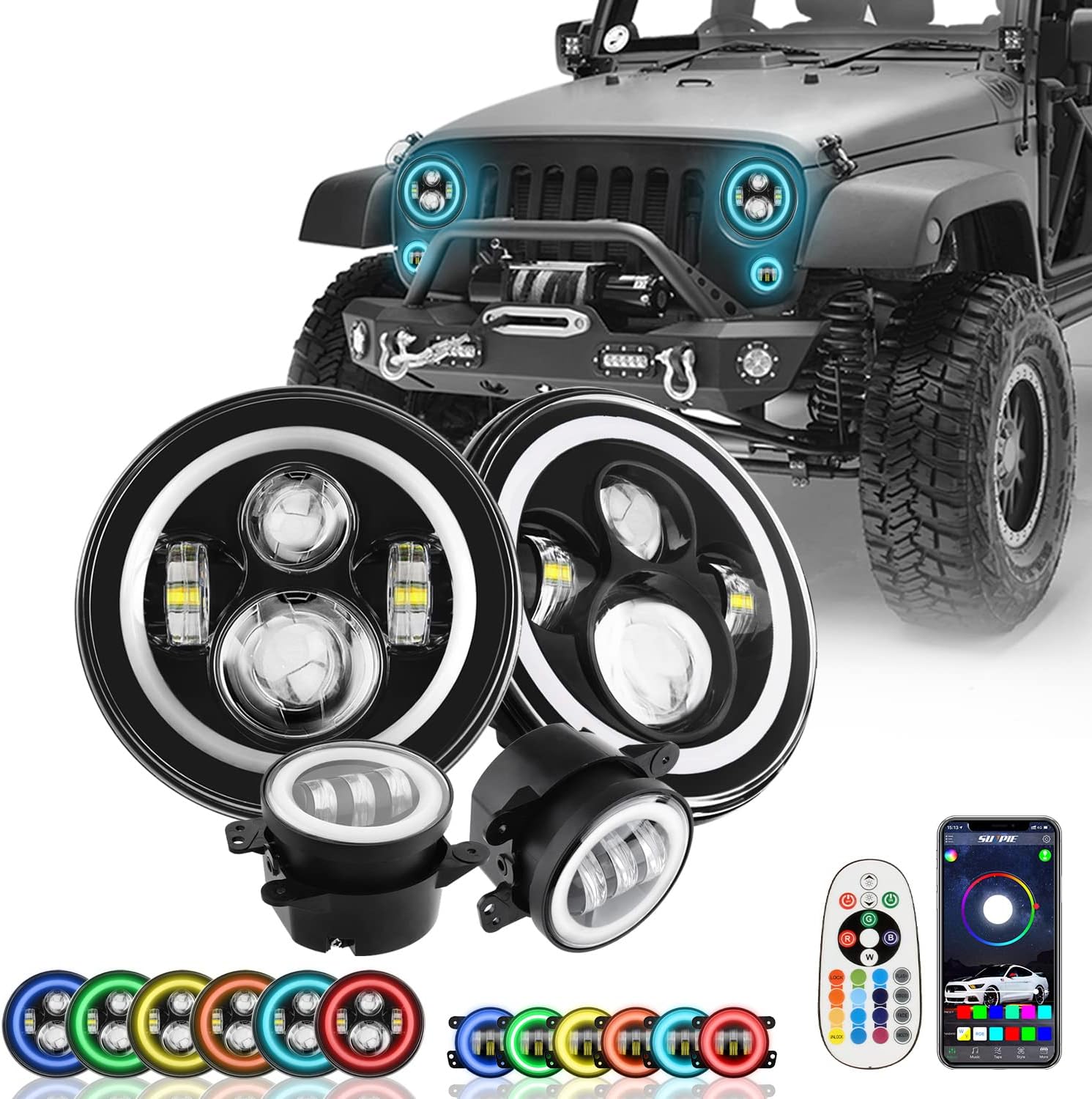 High Power RGBW Halo Head Lights for Jeep Models 2007-2018