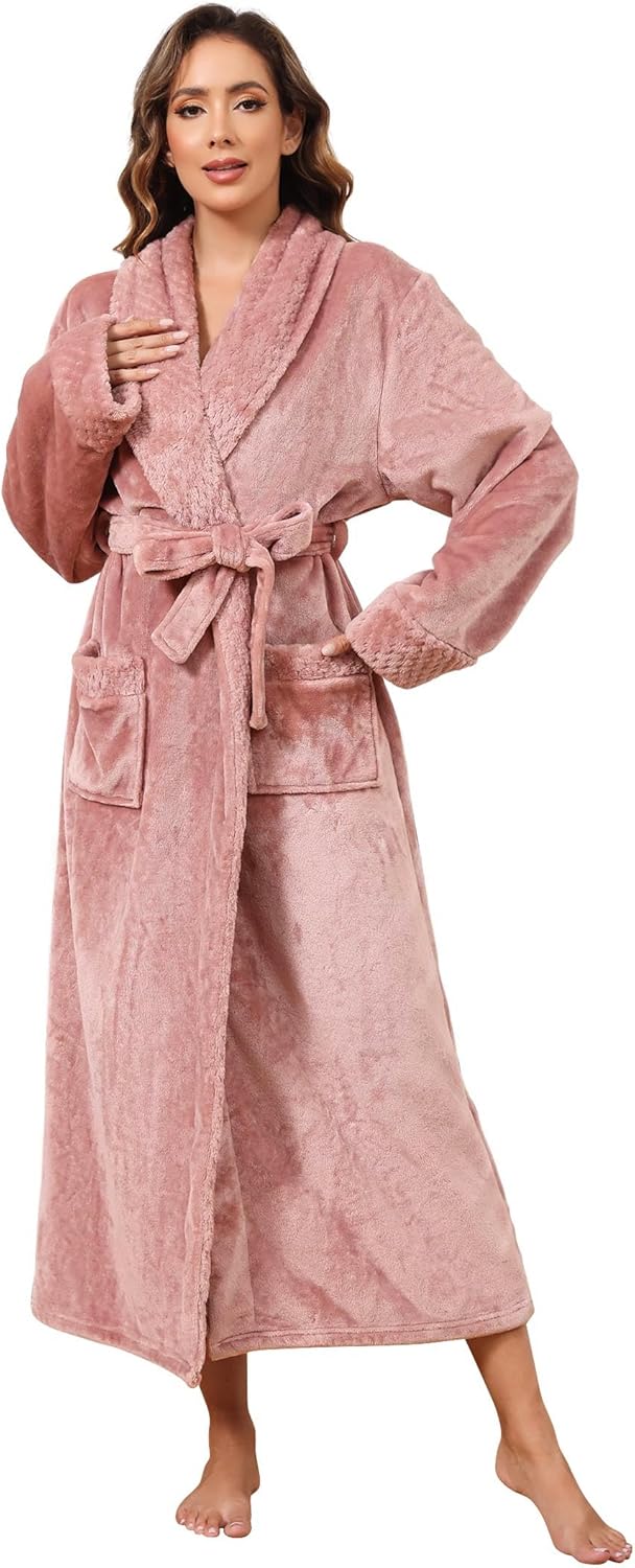 Artfasion Womens Long Fleece Robe - Warm Soft Flannel Bathrobe