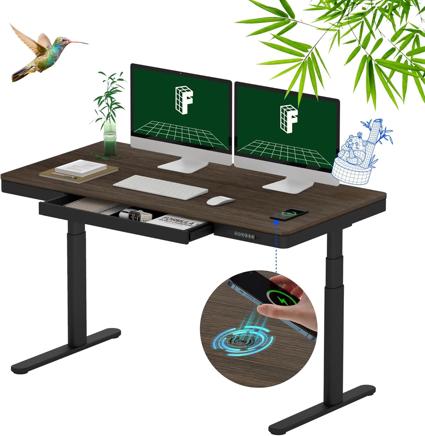 3-Stage Electric Standing Desk w/ Wireless Charging
