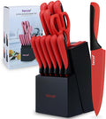 hecef 13 Piece Kitchen Knife Set with Built-in Sharpener - Red
