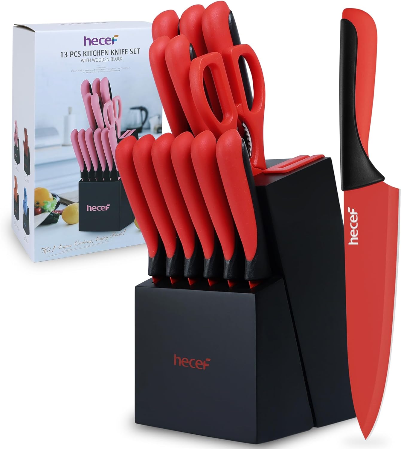 hecef 13 Pieces Kitchen Knife Set with Built-in Sharpener Block