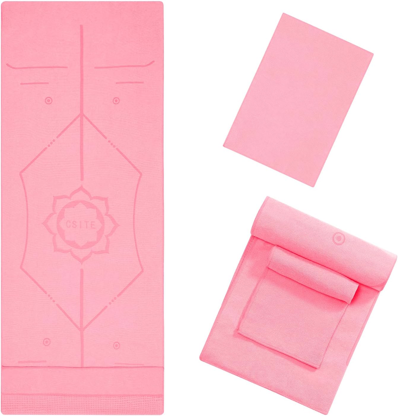 Non-Slip Yoga Mat Towel - Silicone Grip, Alignment Line, Hand Towel Included
