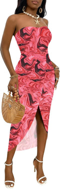 Umenlele Strapless Ruched High Waist Asymmetrical Beach Maxi Dress