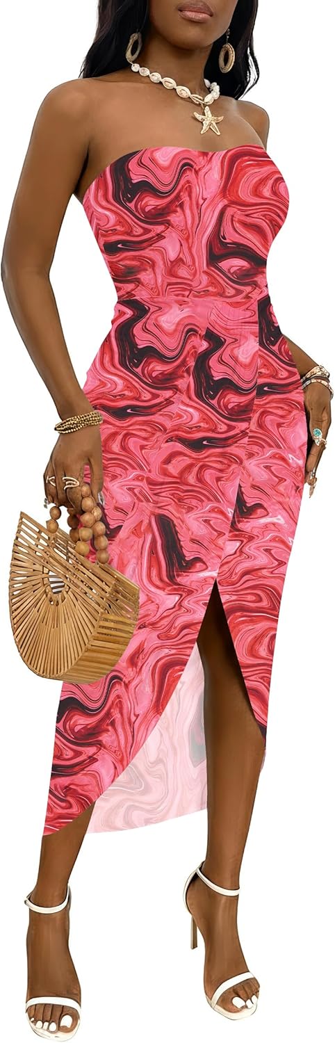 Umenlele Women's Strapless Ruched High Waist Beach Maxi Dress