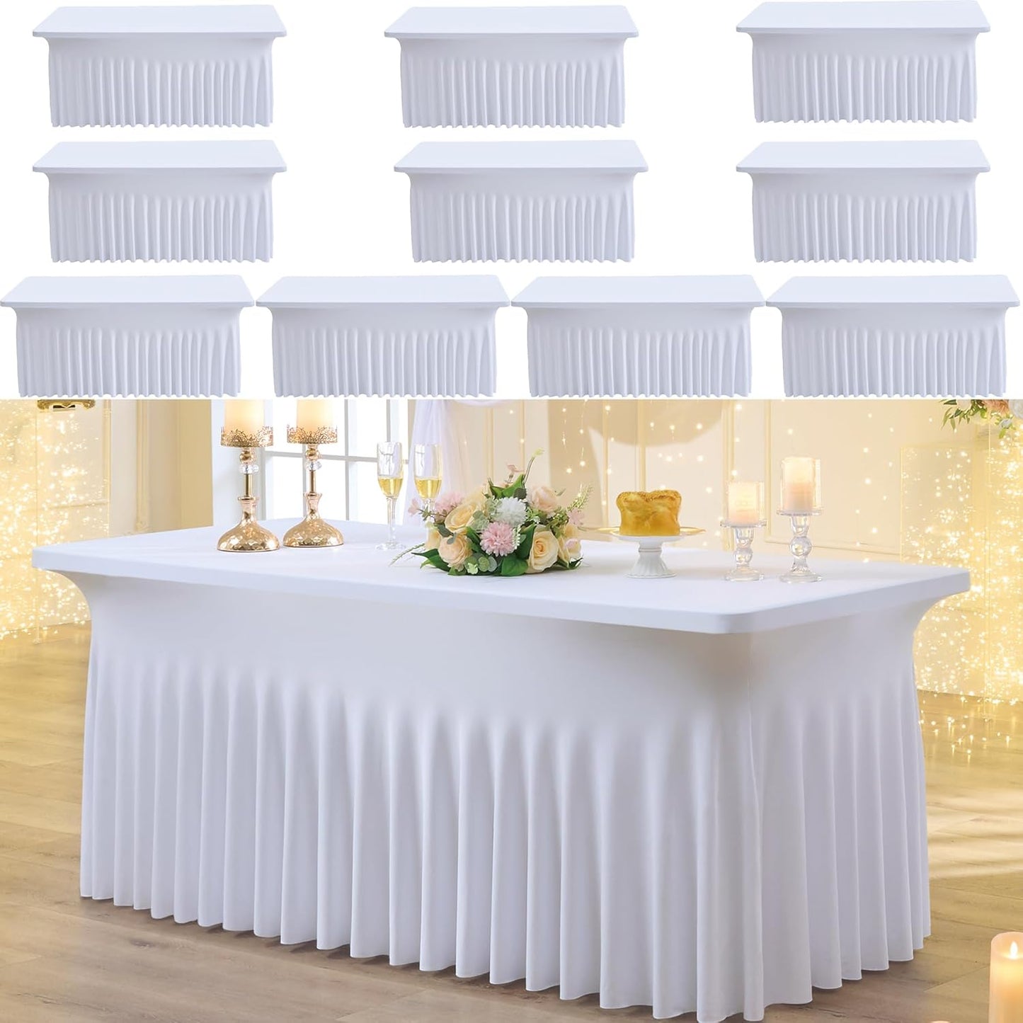 10pk White Spandex Tablecloths for 6ft Rectangle Tables
