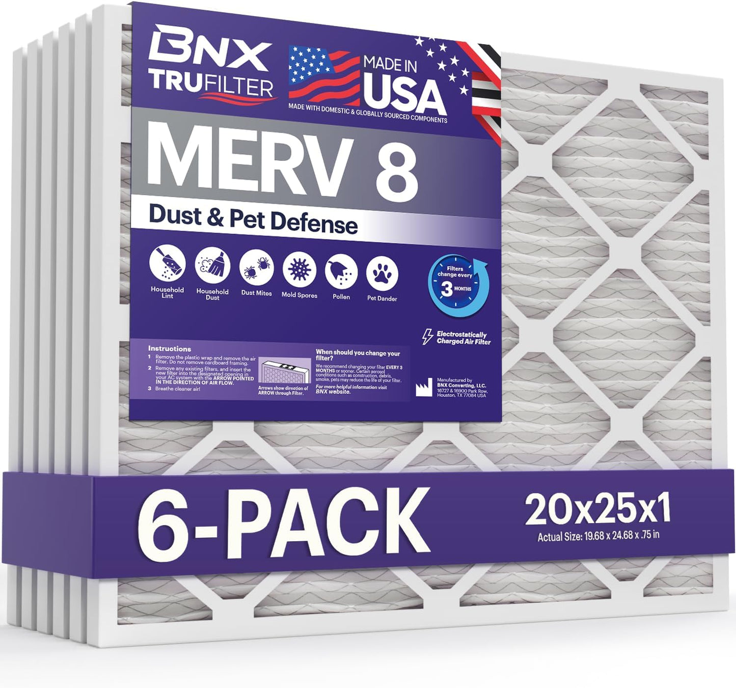 BNX TruFilter 20x25x1 Air Filter MERV 8 for Dust & Pet Defense