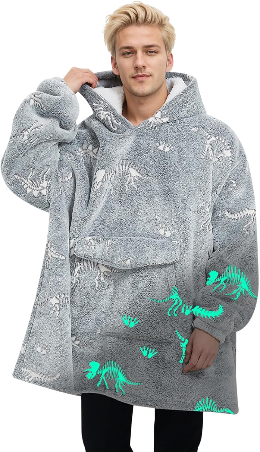 Fiosnow Glow in the Dark Dinosaur Fossil Blanket Hoodie for Adults