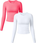 OQQ Womens Cropped Long Sleeve Ruched Crew Neck Tee - Soft Stretch