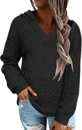 Women's Striped Color Block V Neck Hoodie Sweater - Lightweight Knit