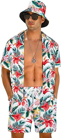 EISHOPEER Men's Flower Button Down Hawaiian Outfit Sets for Summer