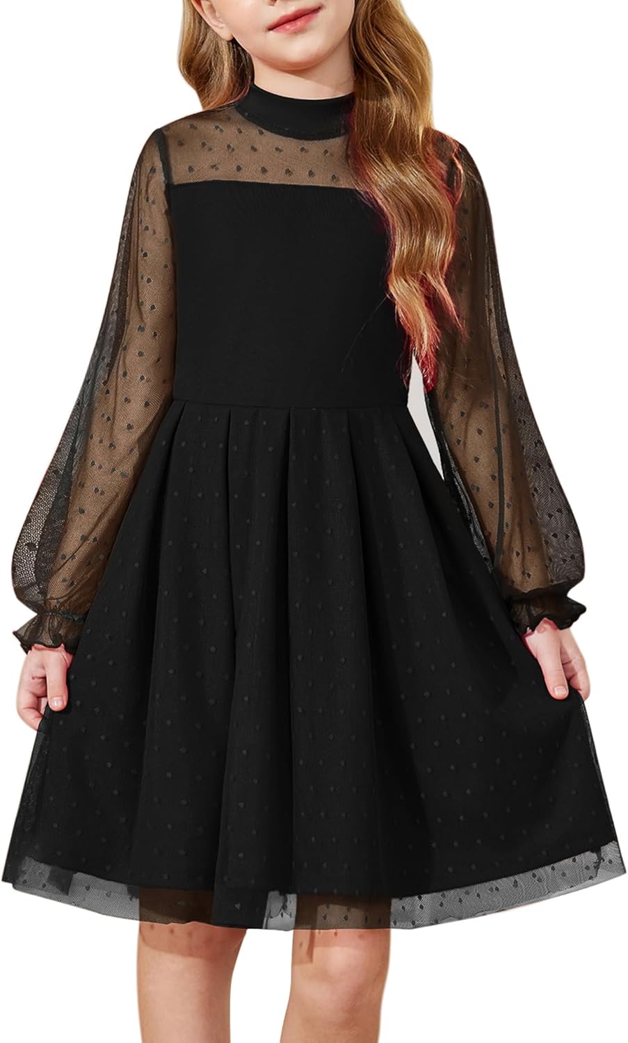 Arshiner Girls Dresses Contrast Mesh Puff Long Sleeve A Line