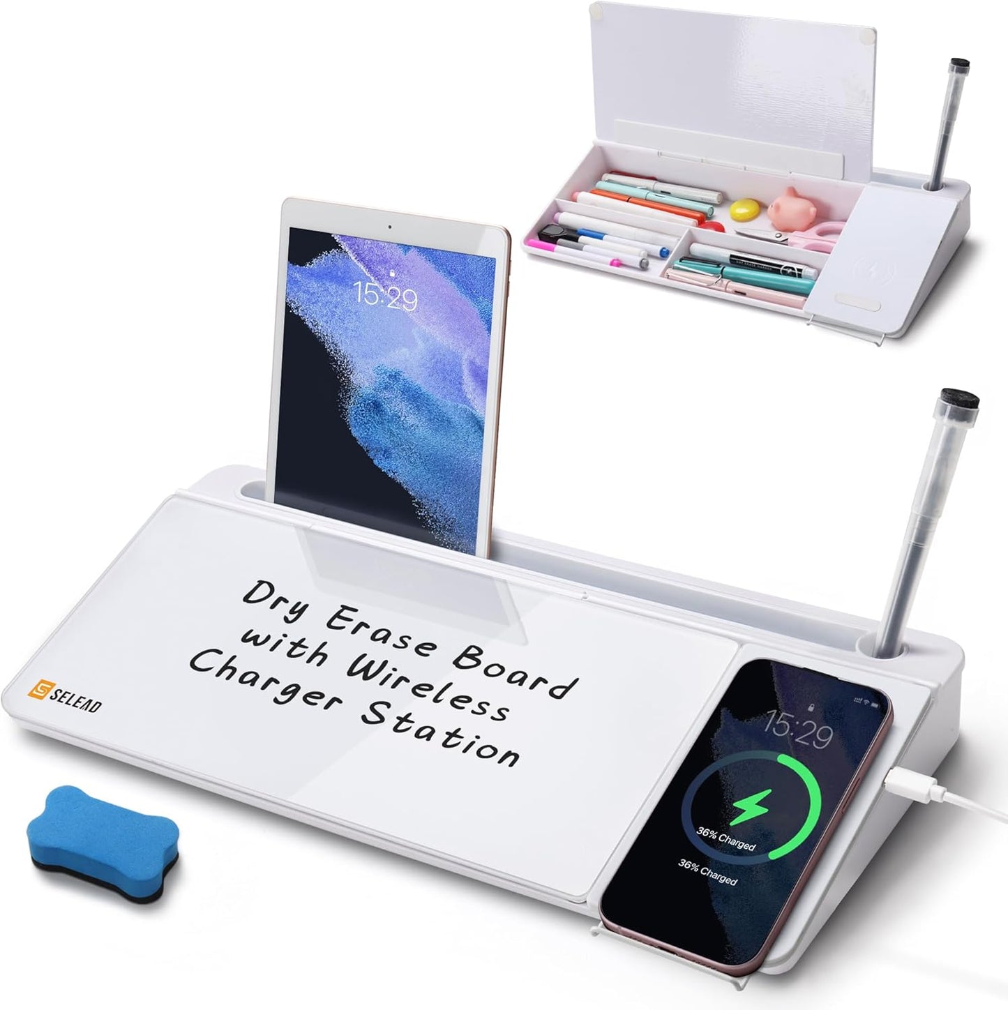 SELEAD Desktop Glass Whiteboard with Wireless Charger Station