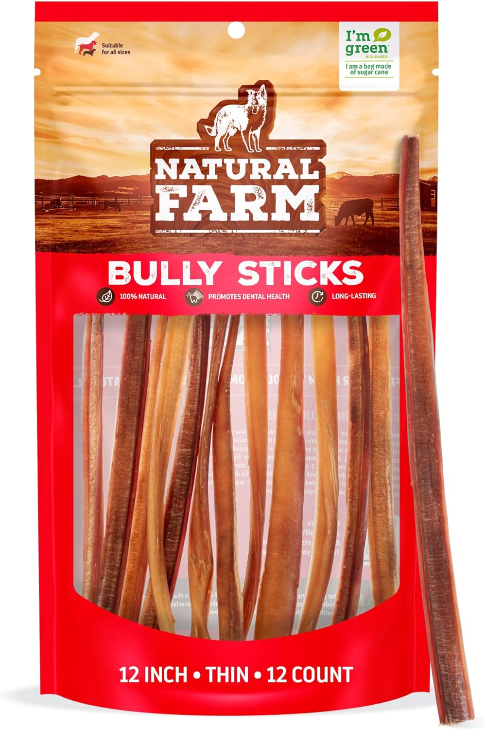 Natural Farm Odor-Free Thin Bully Sticks for Large Dogs Chews