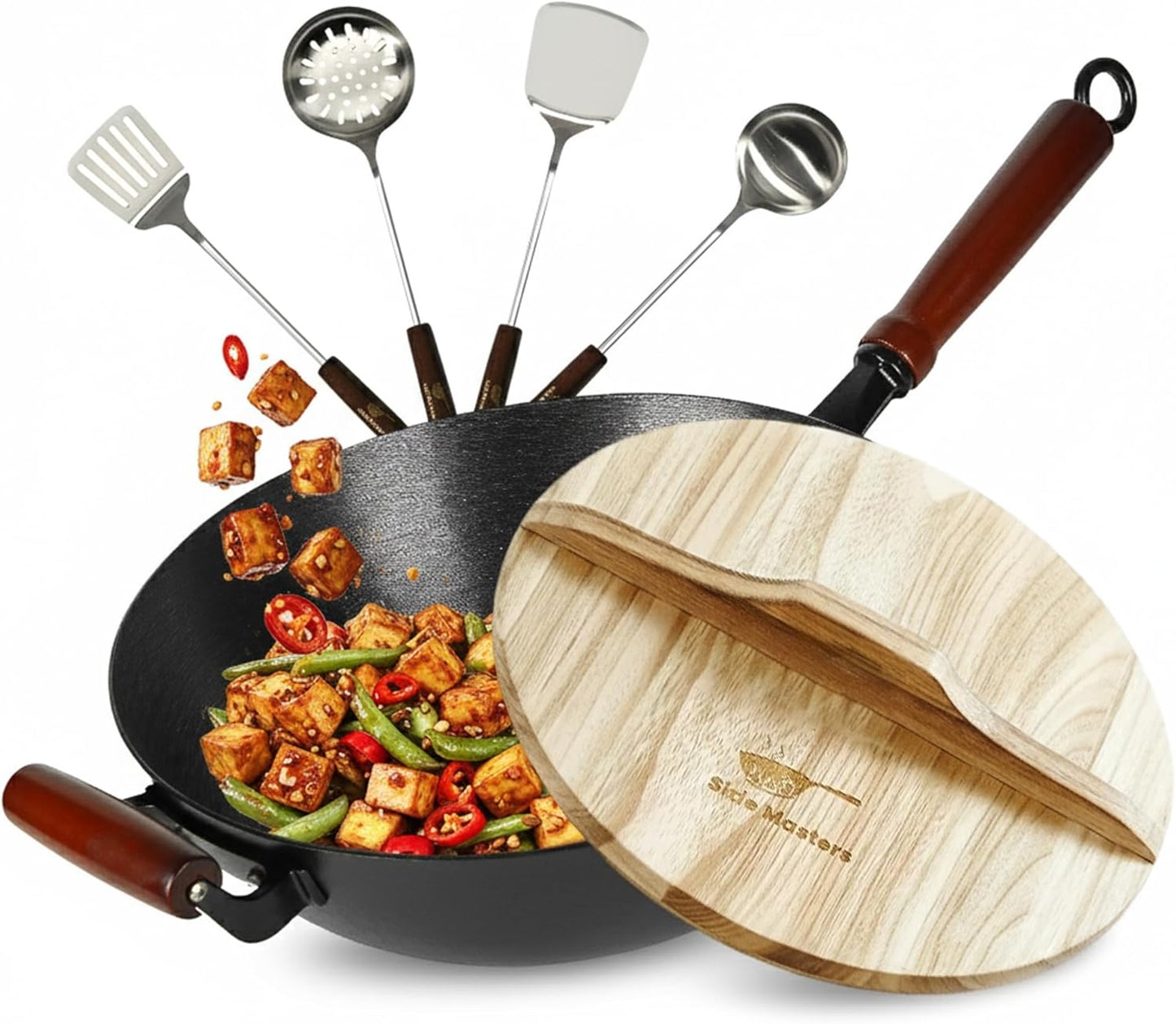 Pre-Seasoned Cast Iron Nonstick Stir-Fry Pan with Wooden Lid