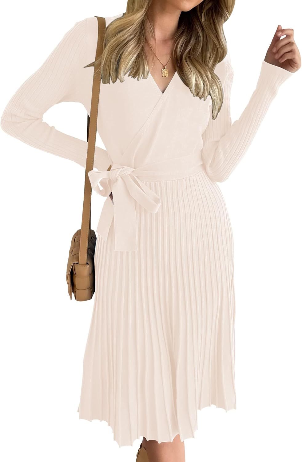 ZESICA Women's Fall Long Sleeve Wrap V Neck Sweater Dress