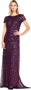 Adrianna Papell Womens Short-Sleeve All Over Sequin Gown - Elegant