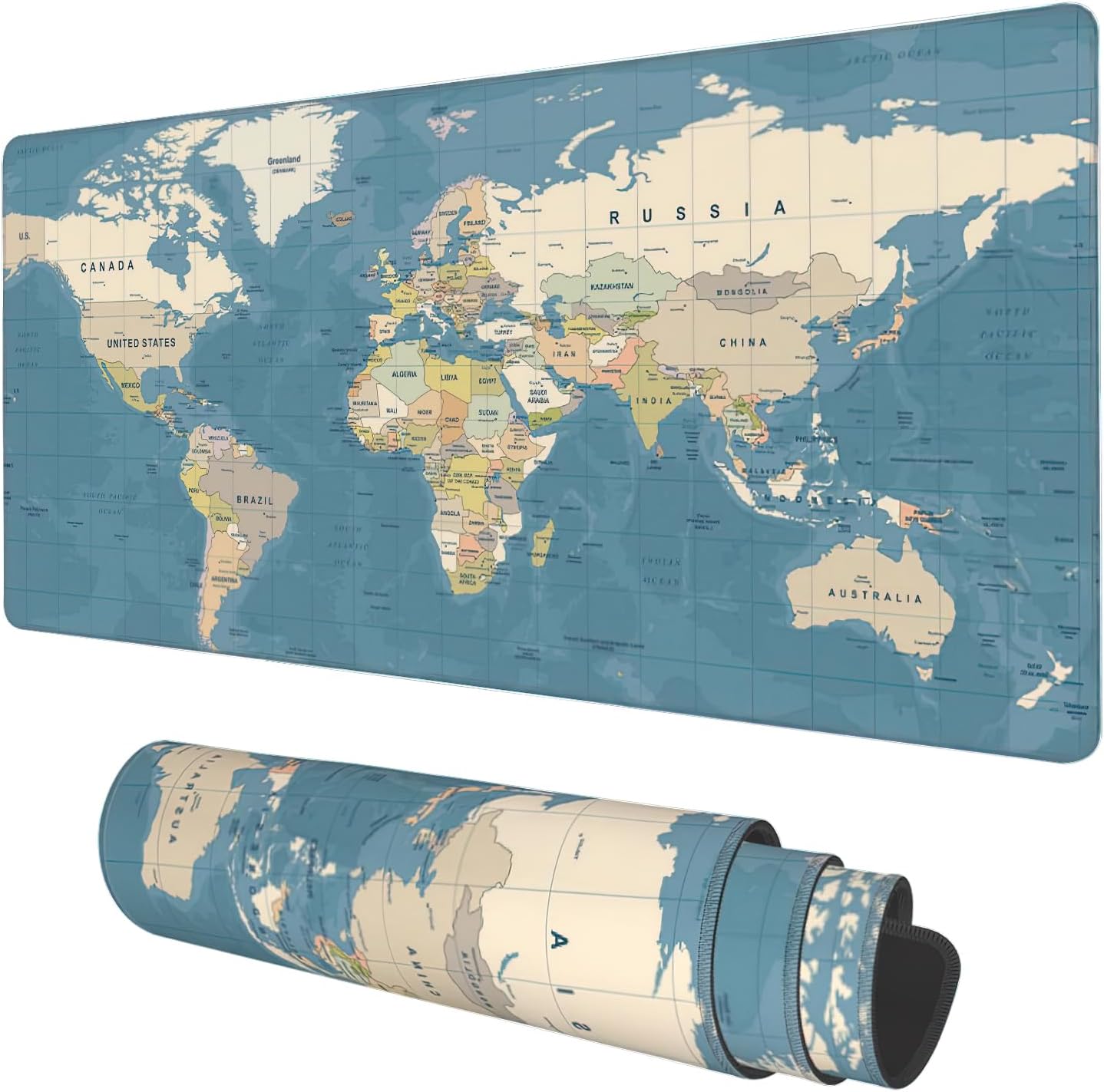 Blue Vintage World Map Gaming Mouse Pad - XL Size, Non-Slip Base