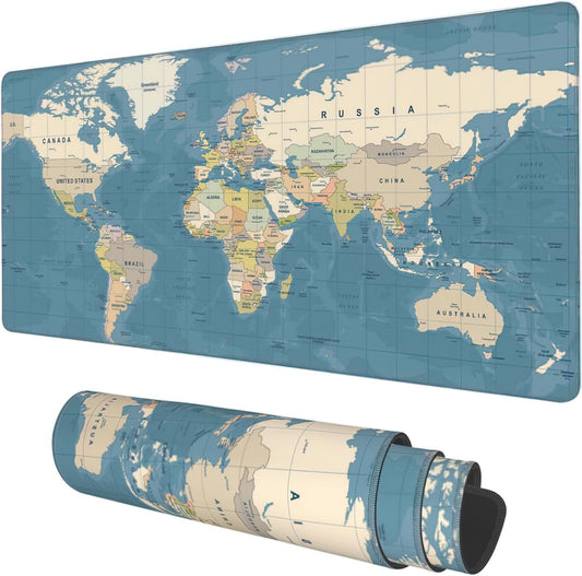 Blue Vintage World Map Gaming Mouse Pad - XL Size, Non-Slip Base