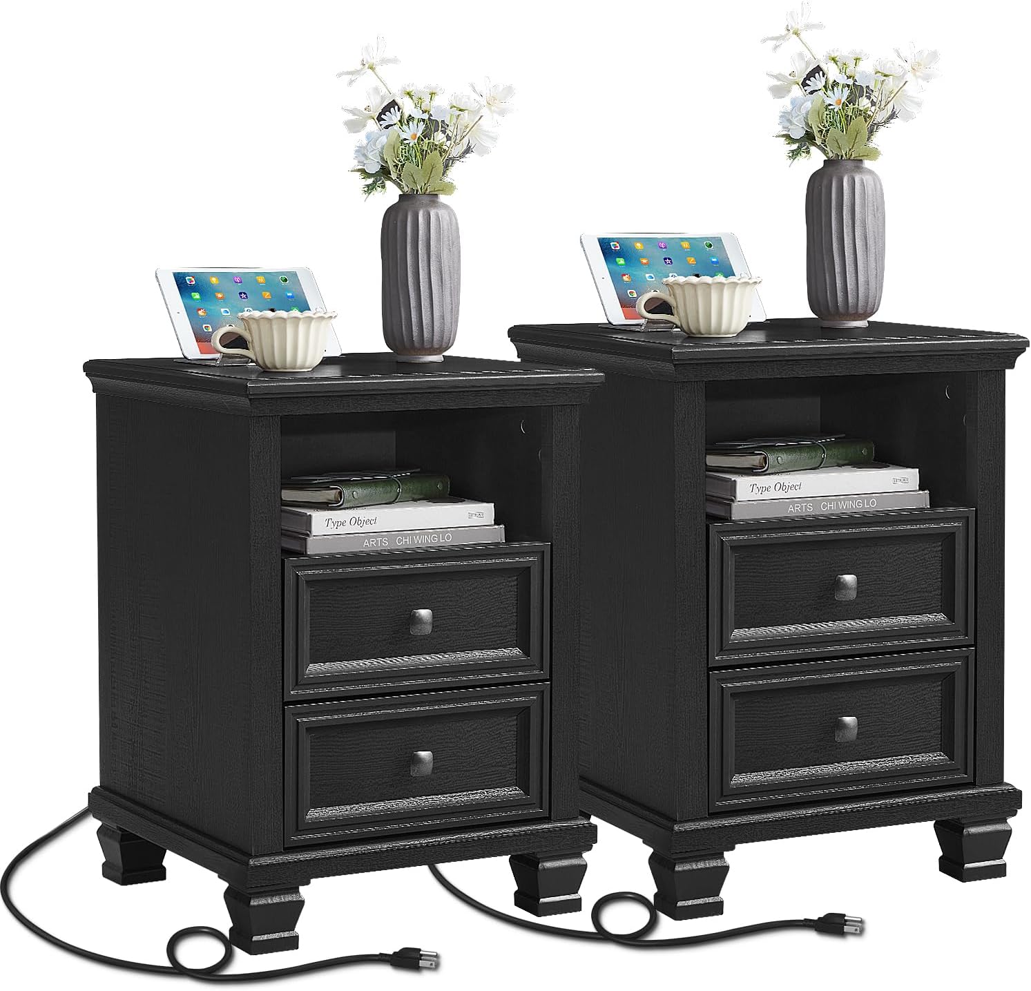 Farmhouse Nightstand Set of 2 with Charging Station for Bedroom