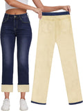 KDF Fleece Lined Jeans Women High Waisted Straight Leg - Warm Winter