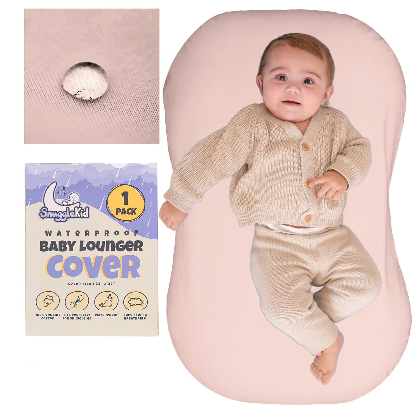 Waterproof Organic Cotton Baby Lounger Cover - Keep Baby Comfy & Clean - Peach