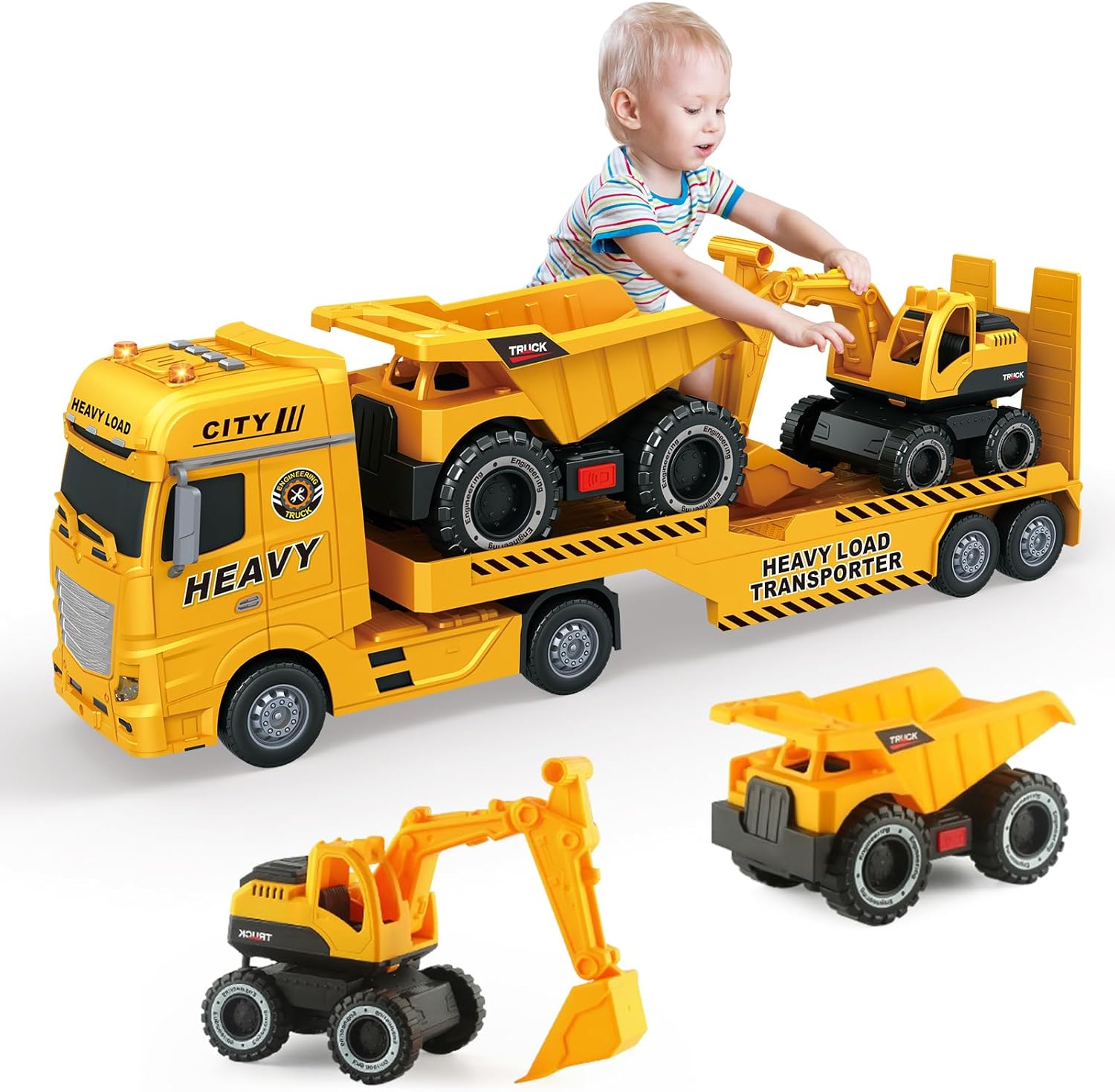Large Flatbed Semi Truck Toy for Kids with Excavator & Dump Truck