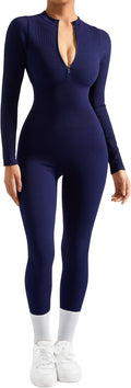 SUUKSESS Women Long Sleeve Ribbed Jumpsuit Zip up Front - Bodycon