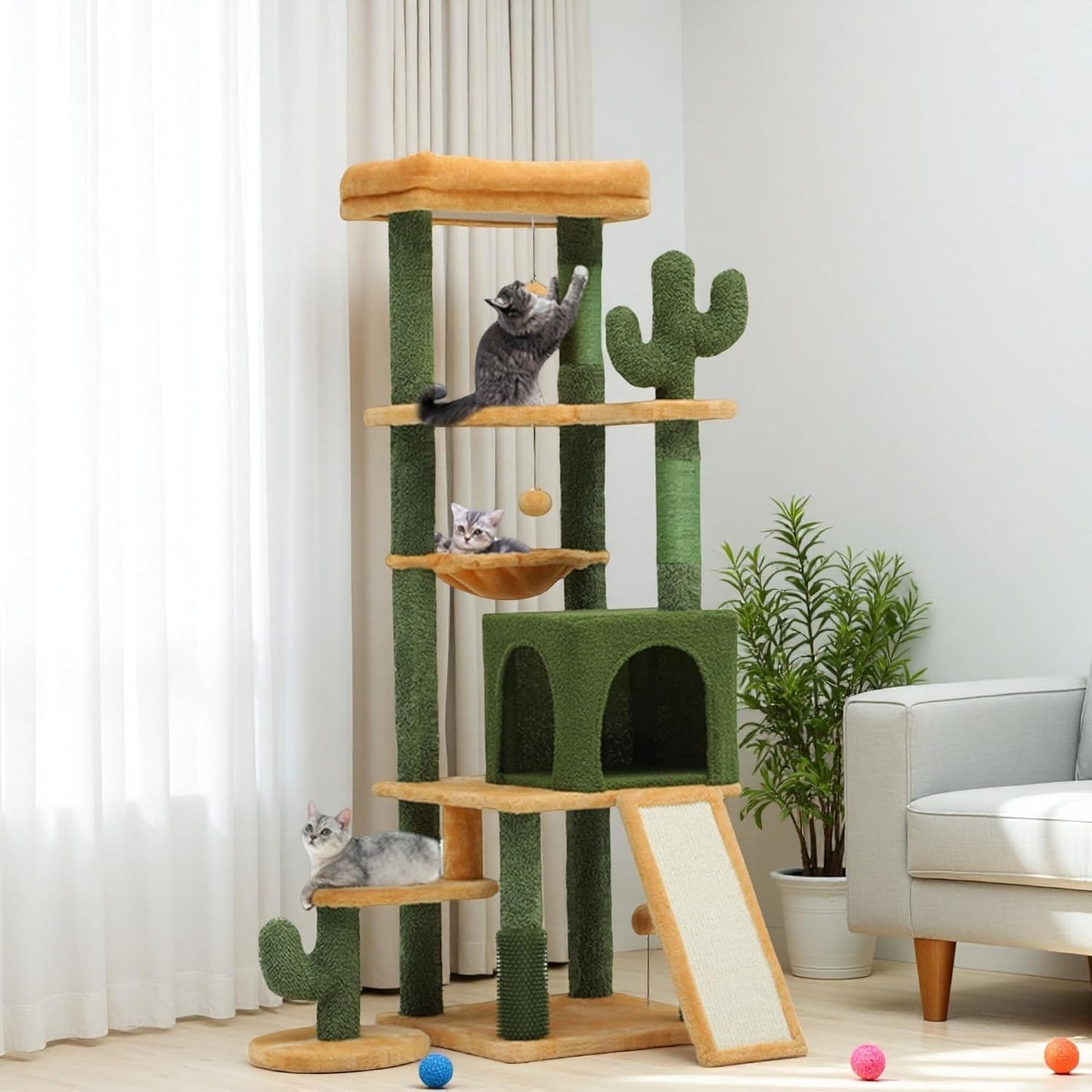 Cactus Cat Tree for Large Cats: 60 Tall with Self-Grooming Brush