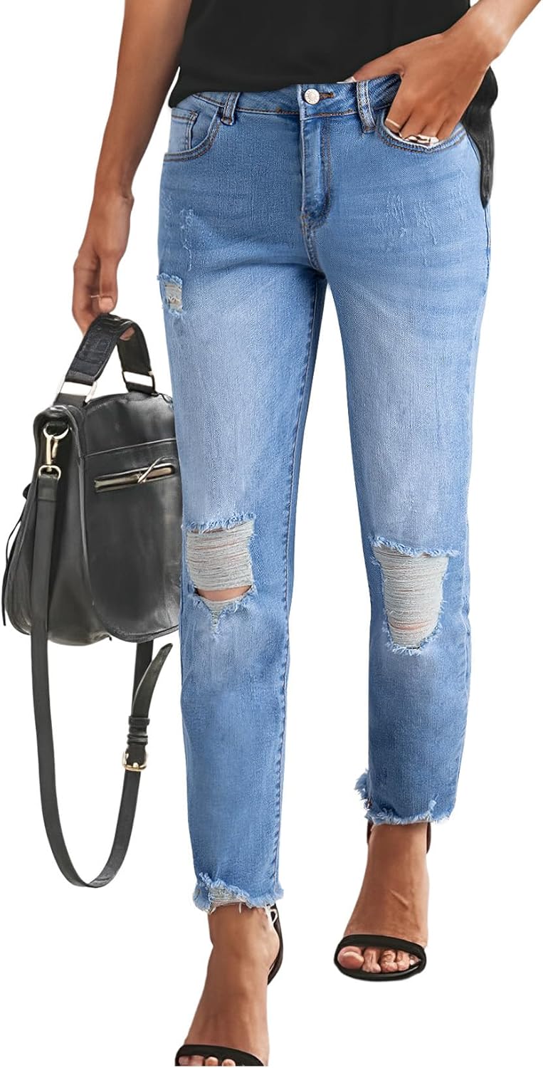 Sidefeel Women's Boyfriend Jeans Stretchy Ripped Distressed Denim