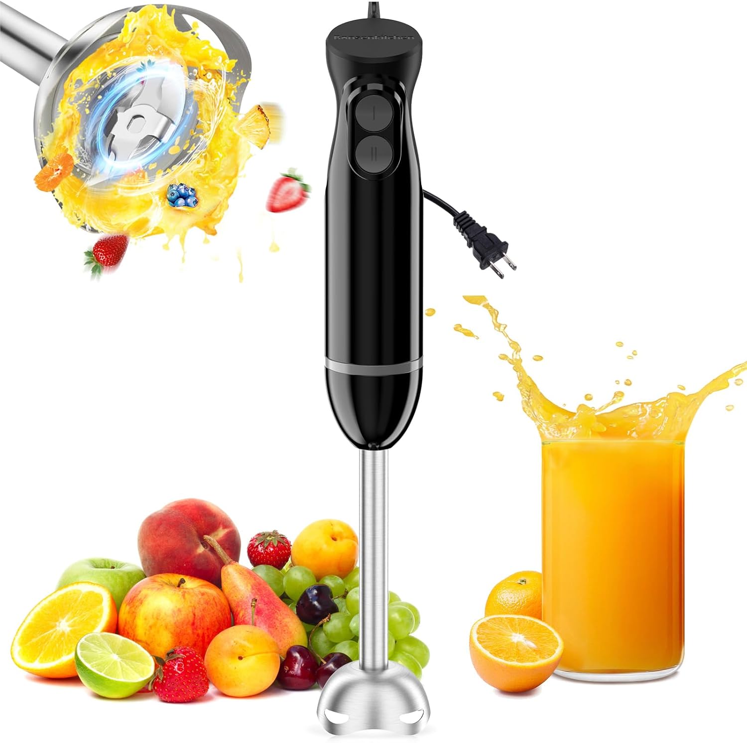 Bonsenkitchen Hand Blender: 2-Speed Mix, Stainless Blades