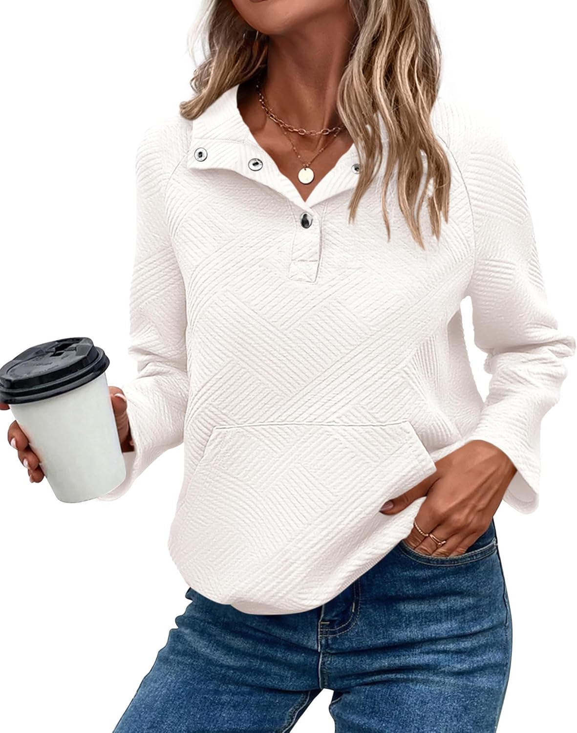KIRUNDO Womens Casual Textured Long Sleeve Henley Pullover