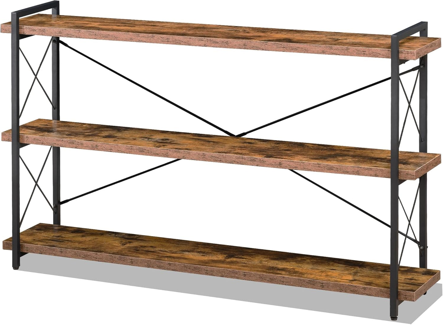 3-Tier Long Industrial Bookcase for Rustic Home Decor