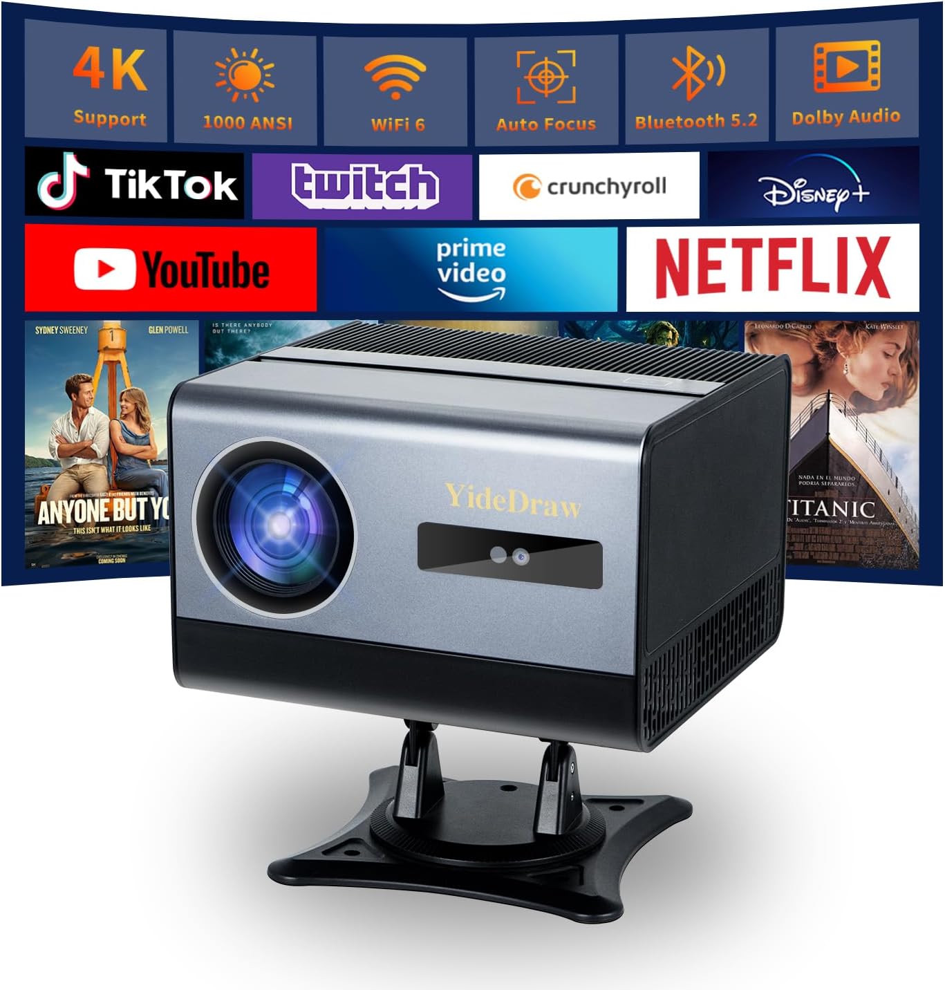Yidedraw 4K Projector with Wifi and Bluetooth for Movies