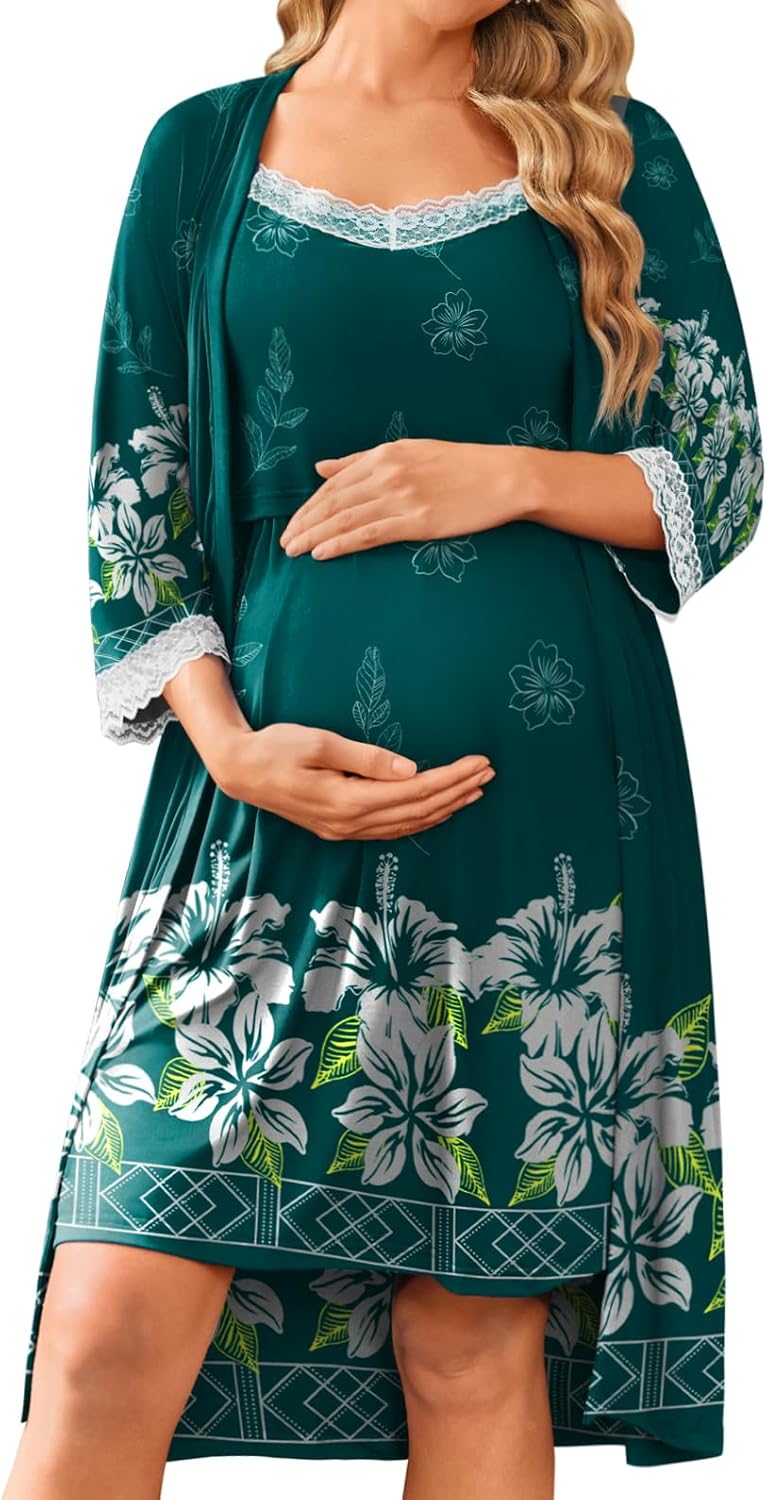 Ekouaer Women Lace Maternity Nursing Gown & Robe Set for Moms