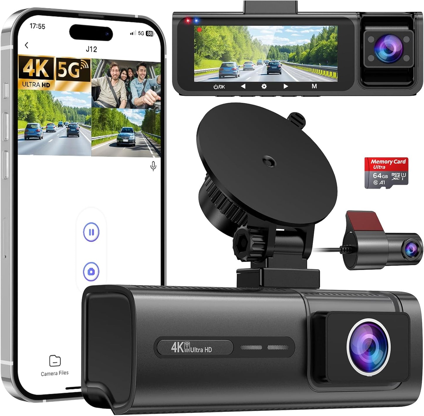 3 Channel 5G WiFi Dash Cam with 4K and 1080P Recording