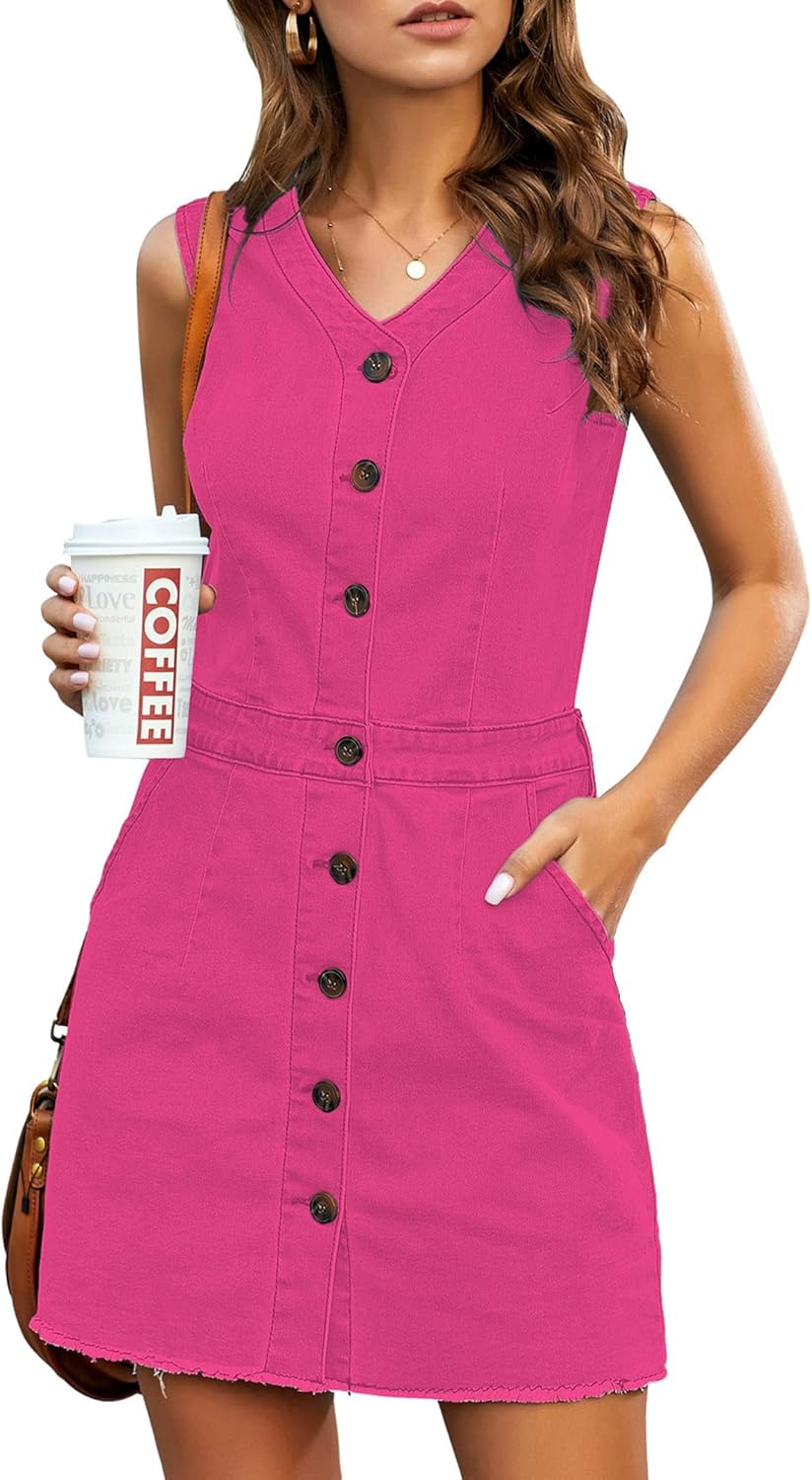 luvamia Women's Casual V Neck Sleeveless Denim Dress