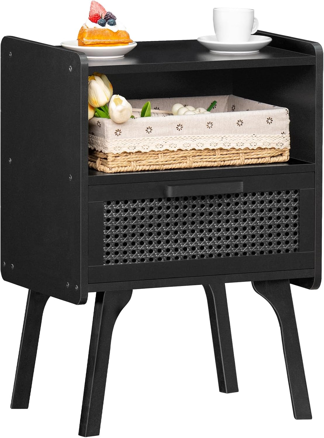 Lerliuo Rattan Nightstand with Drawer and Open Shelf for Bedroom