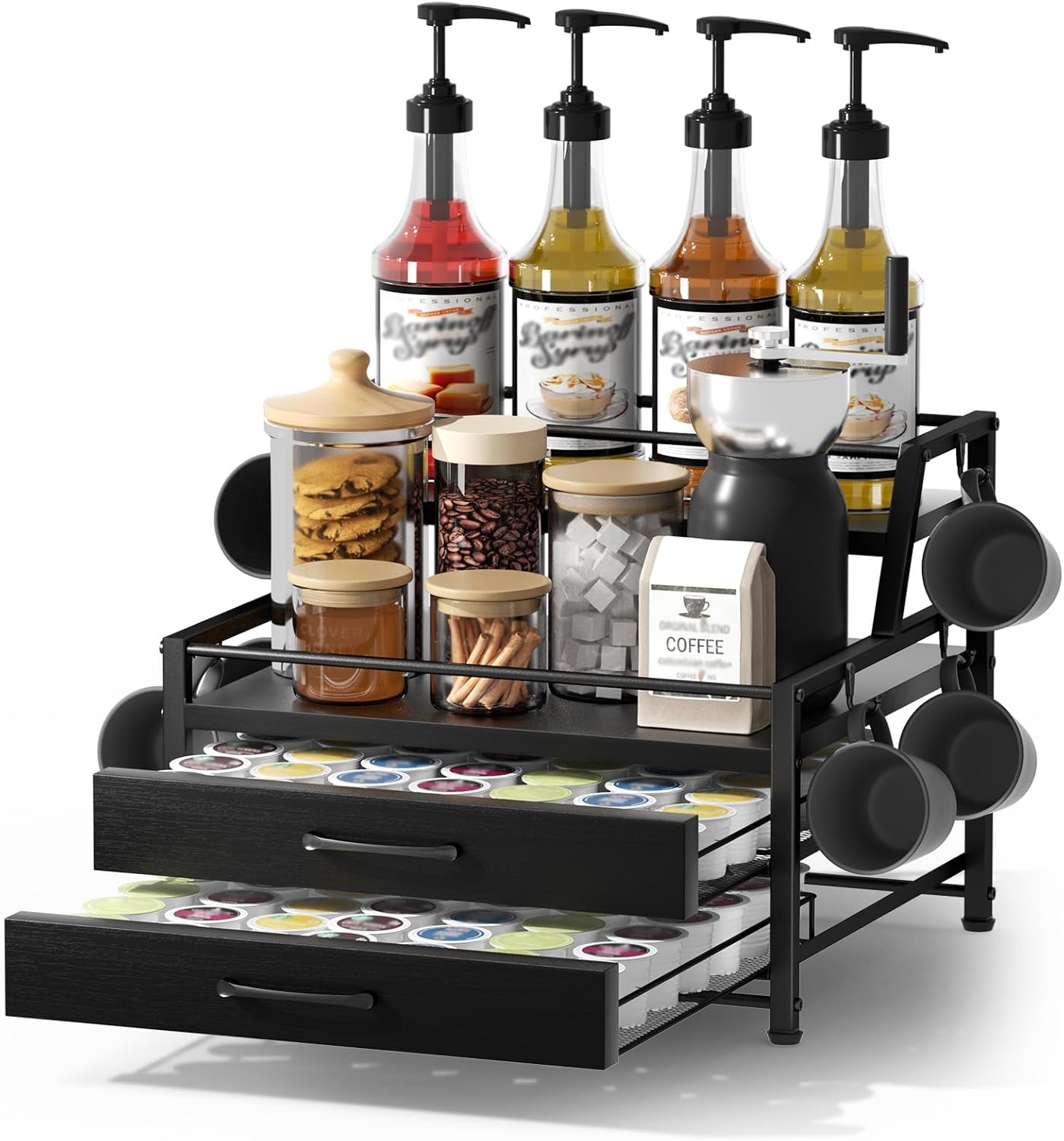 Coffee Syrup Rack Organizer for 8 Bottles and 84 Pods Storage