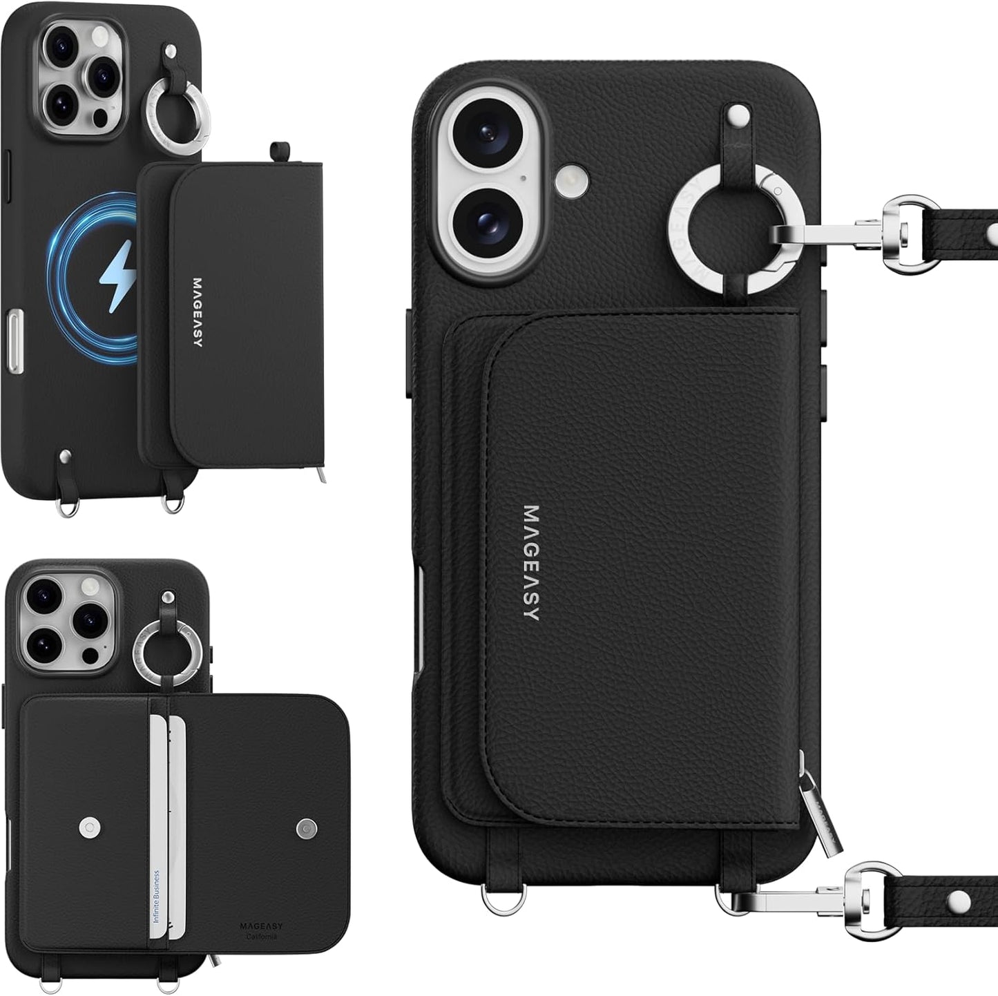 MAGEASY iPhone 16 Plus Case with Detachable Wallet & Strap