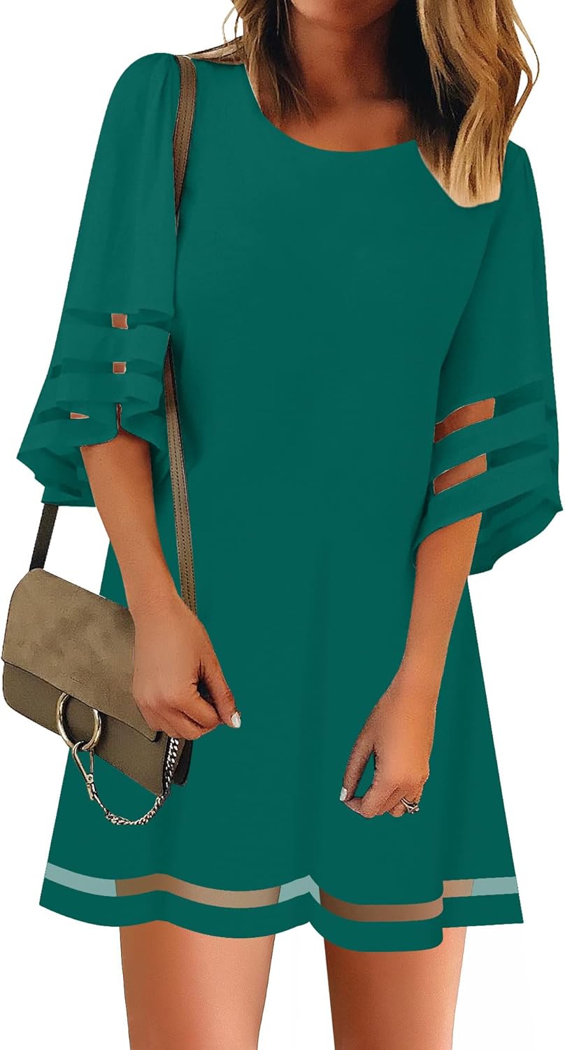 LookbookStore Women Casual Crewneck Mesh Panel Tunic Dress