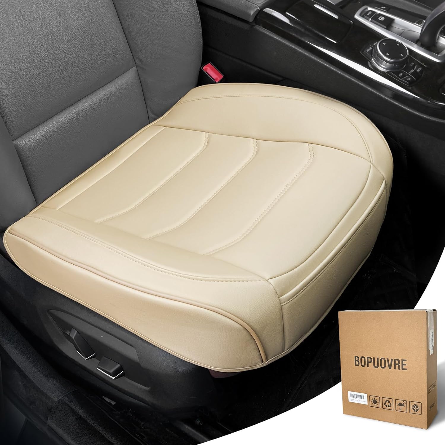 Luxury Comfort Car Seat Cover - PU Leather, Anti-Slip, Full Protection, Storage - Beige