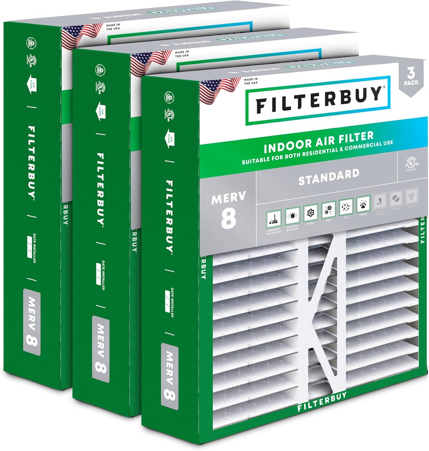 20x20x5 Air Filter MERV 8 for Dust & Allergy Defense - 3-Pack