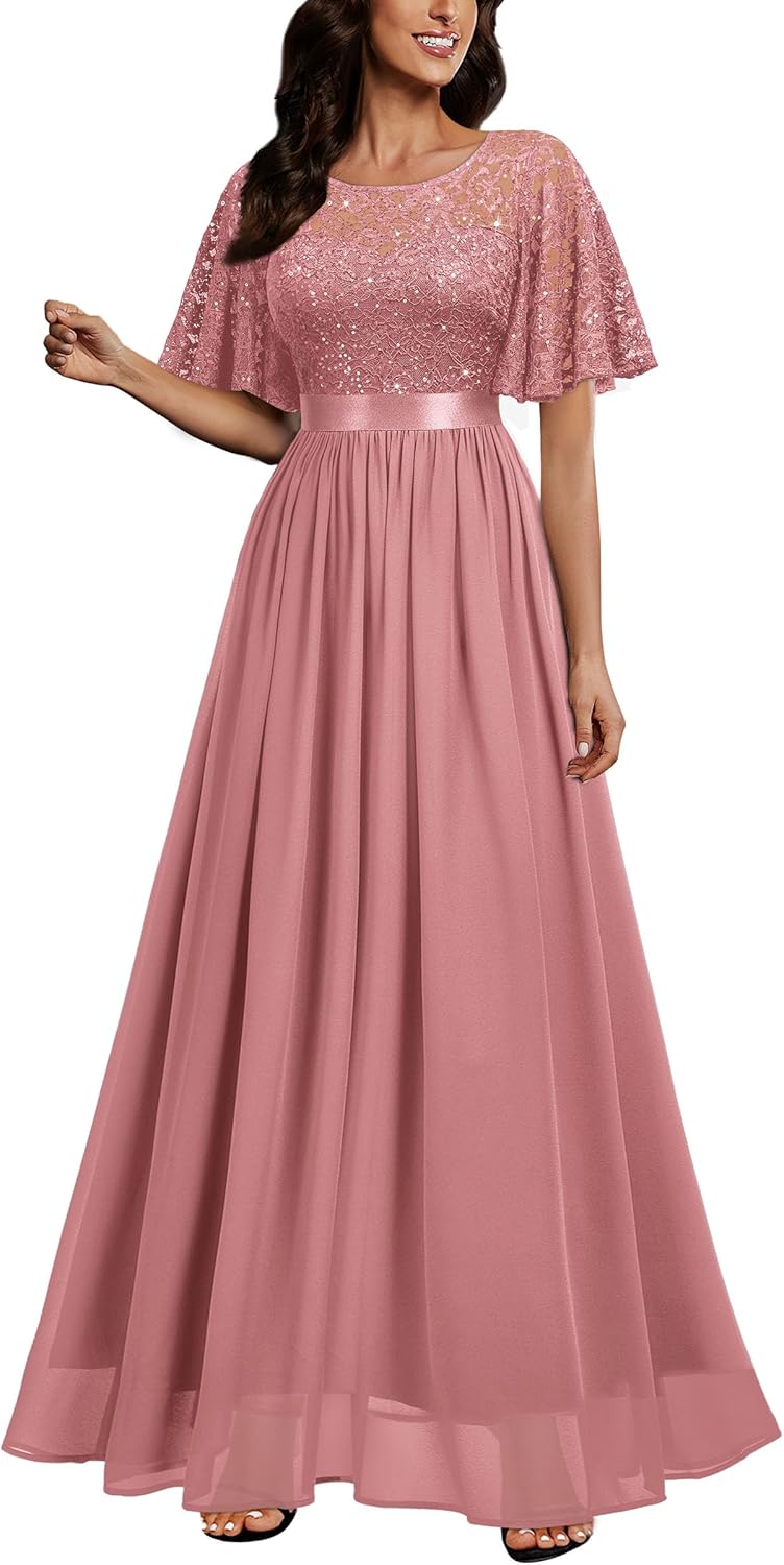 Elegant Sequin Lace Butterfly Sleeve Maxi Dress for Women