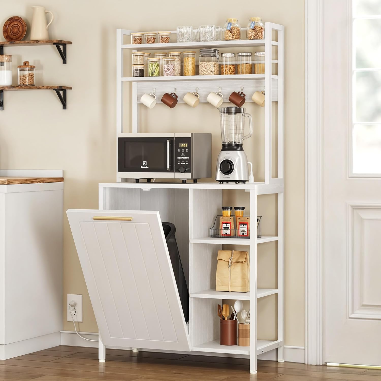 DWVO White 6-Tier Kitchen Rack with Bin & Power Outlet