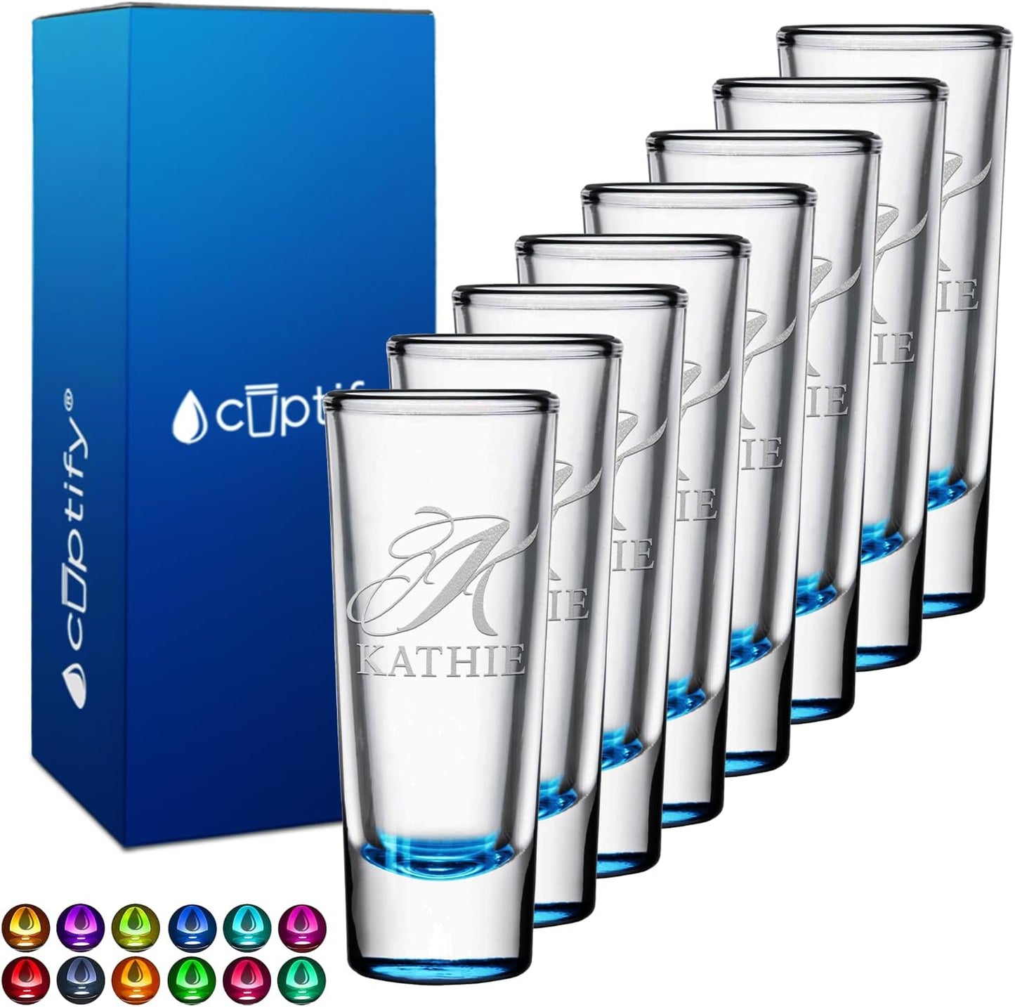 Personalized Shot Glasses Set of 8 with Elegant Lite Blue Accent