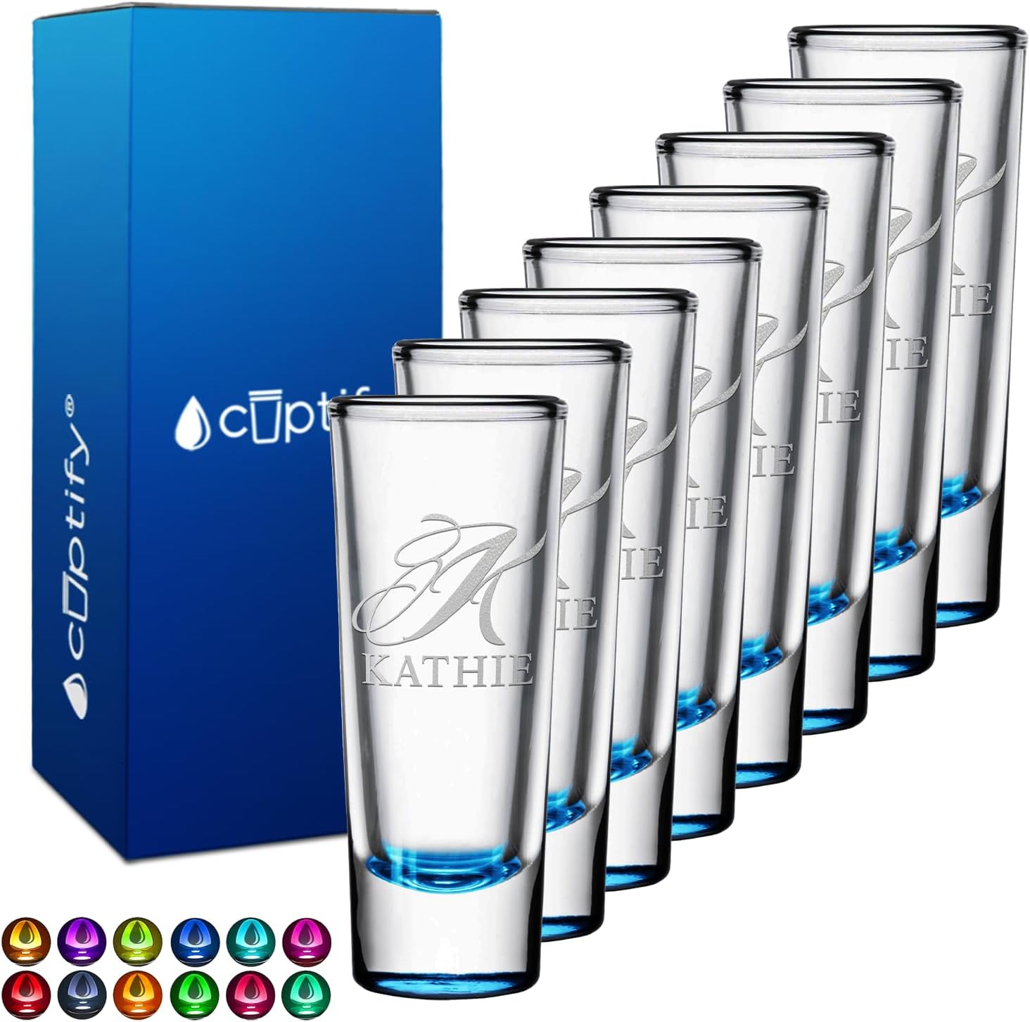 Personalized Shot Glasses Set of 8 with Elegant Lite Blue Accent