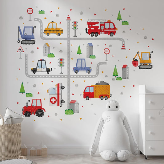 Car Wall Decals for Boys Room - Peel and Stick Transport Stickers